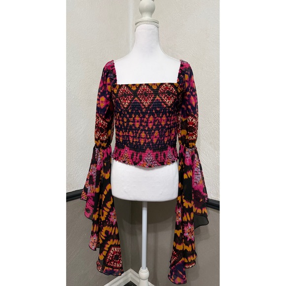 Live 4 Truth Tops - Live 4 Truth Women's Off Shoulder Smocked Crop Top Bell Sleeves Geometric M